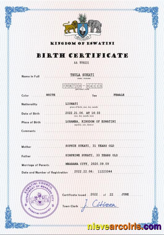 Eswatini vital record birth certificate